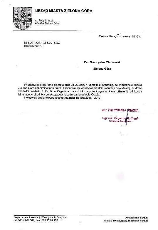 Odpowiedź Prezydenta Miasta Zielonej Góra Odpowiedź Prezydenta Miasta