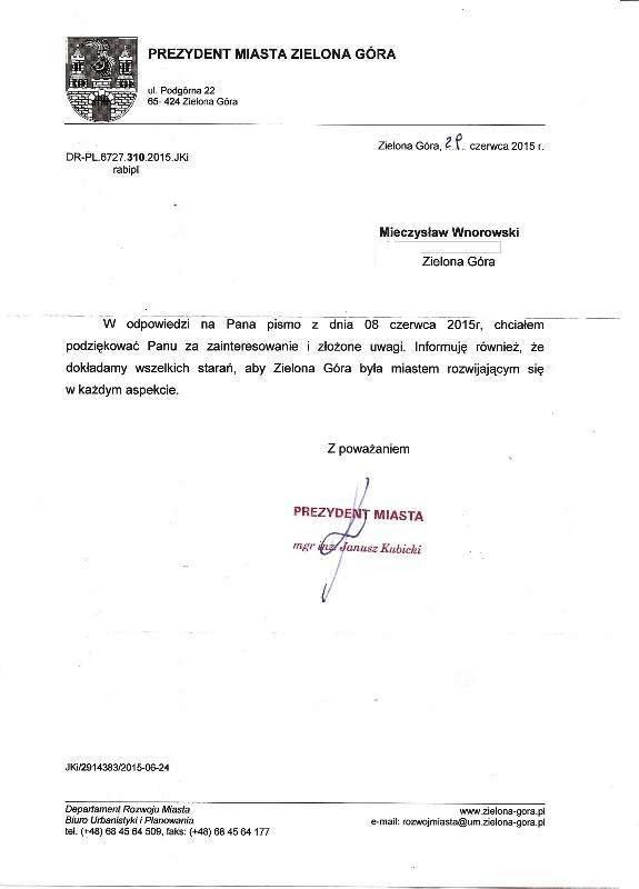 Odpowiedź Janusza Kubickiego - Prezydenta Miasta Zielonej Góra Odpowiedź Prezydenta Miasta